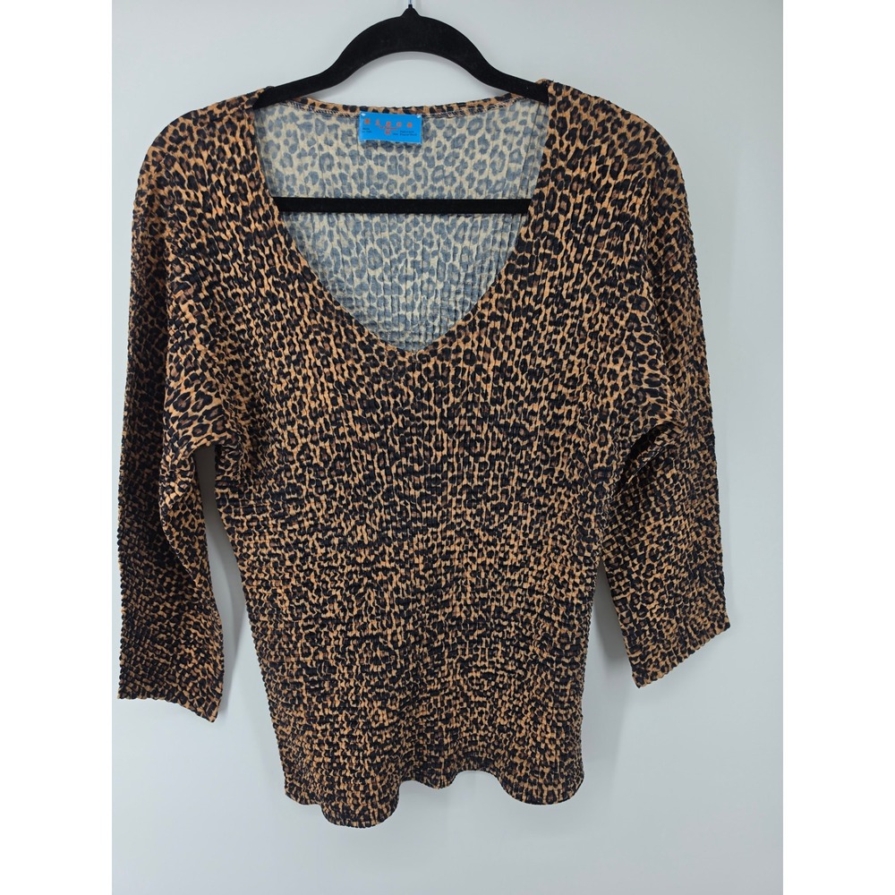 Kisca by Kamarov Leopard Print Pleated V-Neck Top 3/4 Sleeve Size 2X Made in USA
